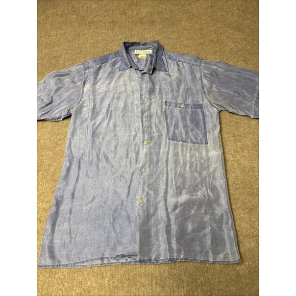 La Vanx Collection Men Shirt‎ Med Blue Silk Short Sleeve Button Up Sand Wash - Picture 2 of 9